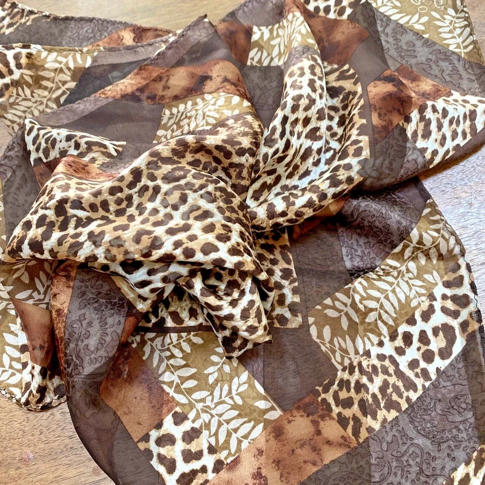 Silky Animal Print Scarf Square Bandana Neckerchief Burnout Stripes Brown Tan